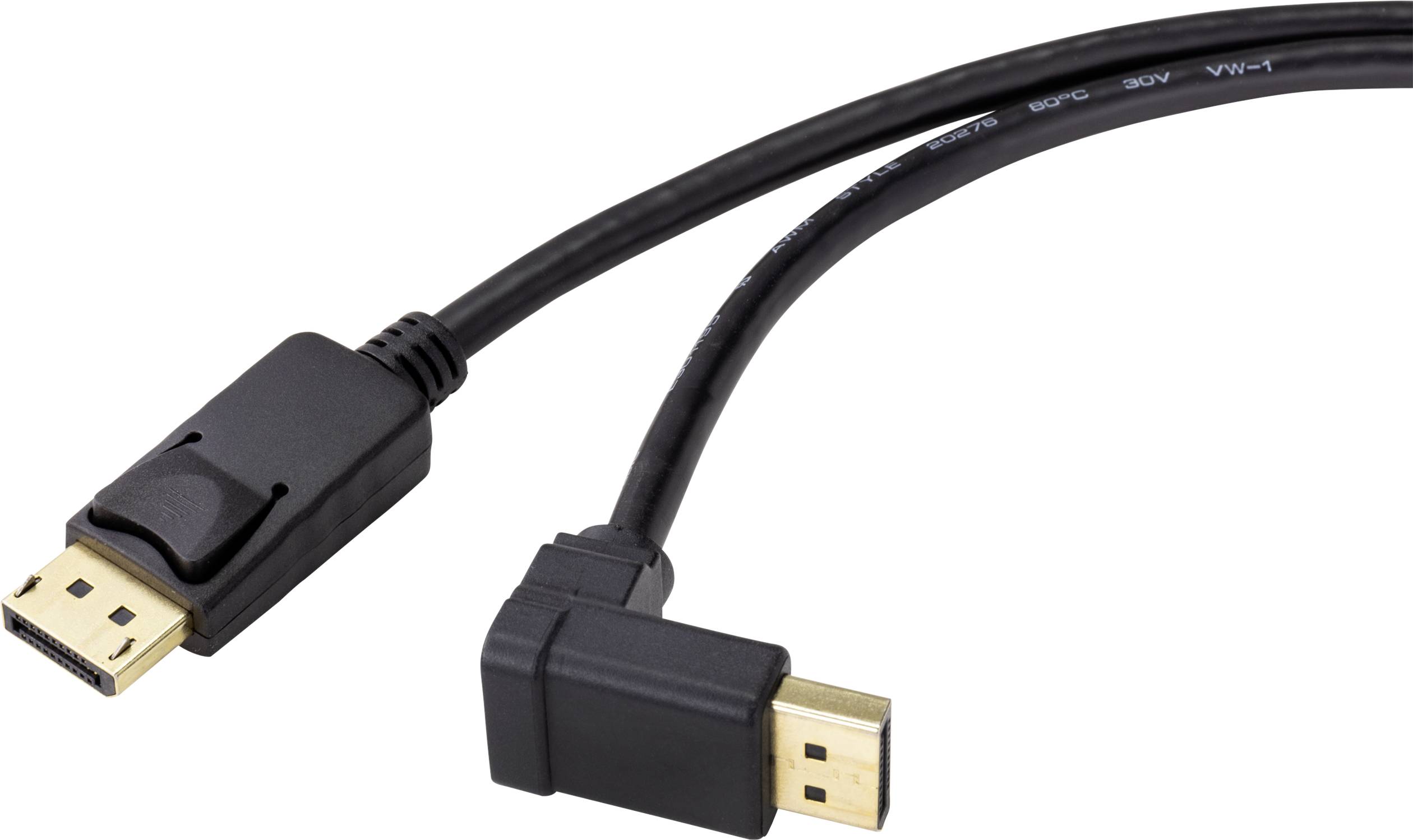Ein schwarzes DisplayPort-Kabel mit einem geraden und einem abgewinkelten Steckverbinder, geeignet für Video- und Audiosignale.