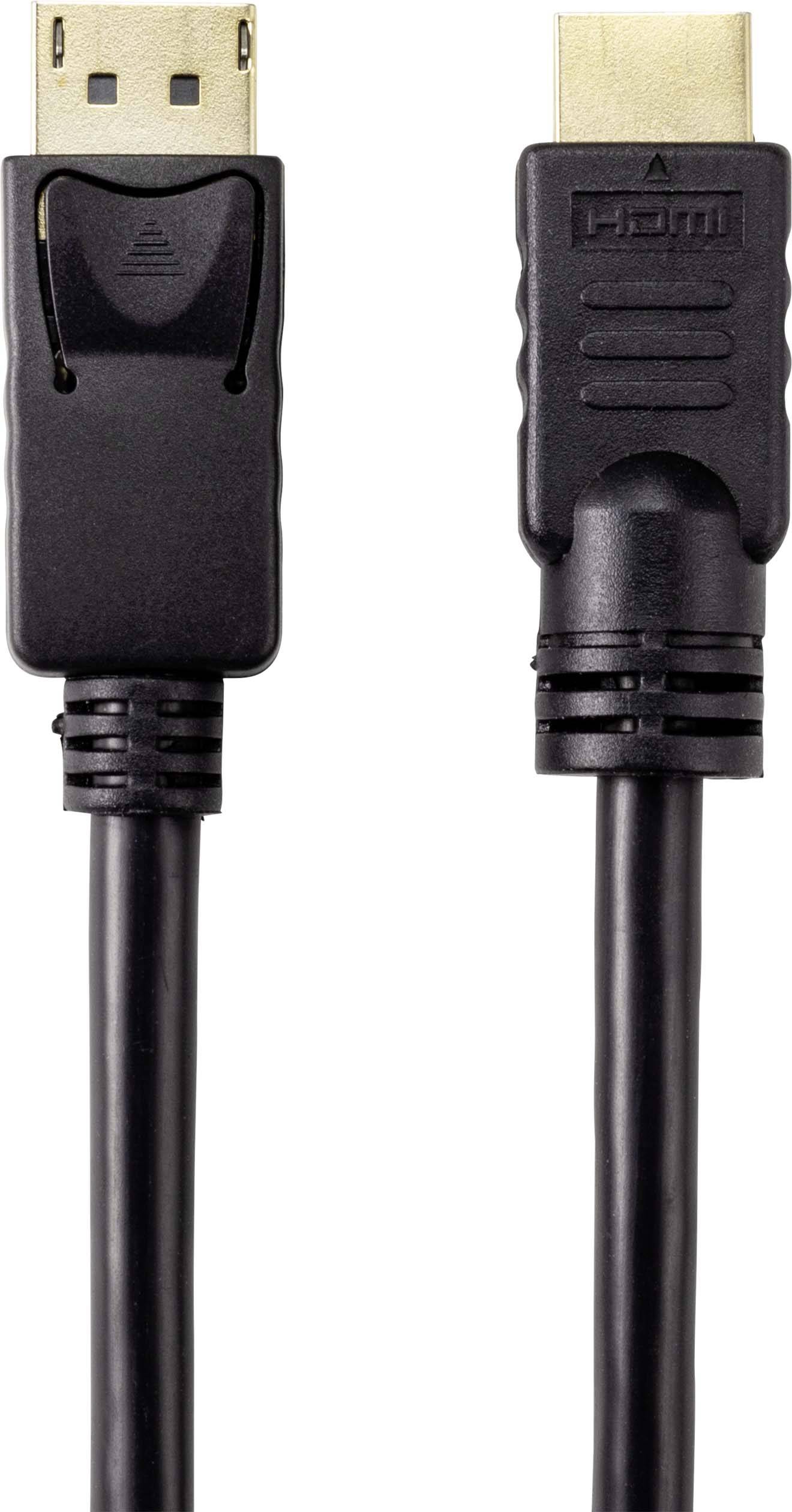 Ein schwarzes Kabel mit DisplayPort- und HDMI-Stecker, geeignet für die Verbindung von Computern mit Monitoren oder Fernsehern.