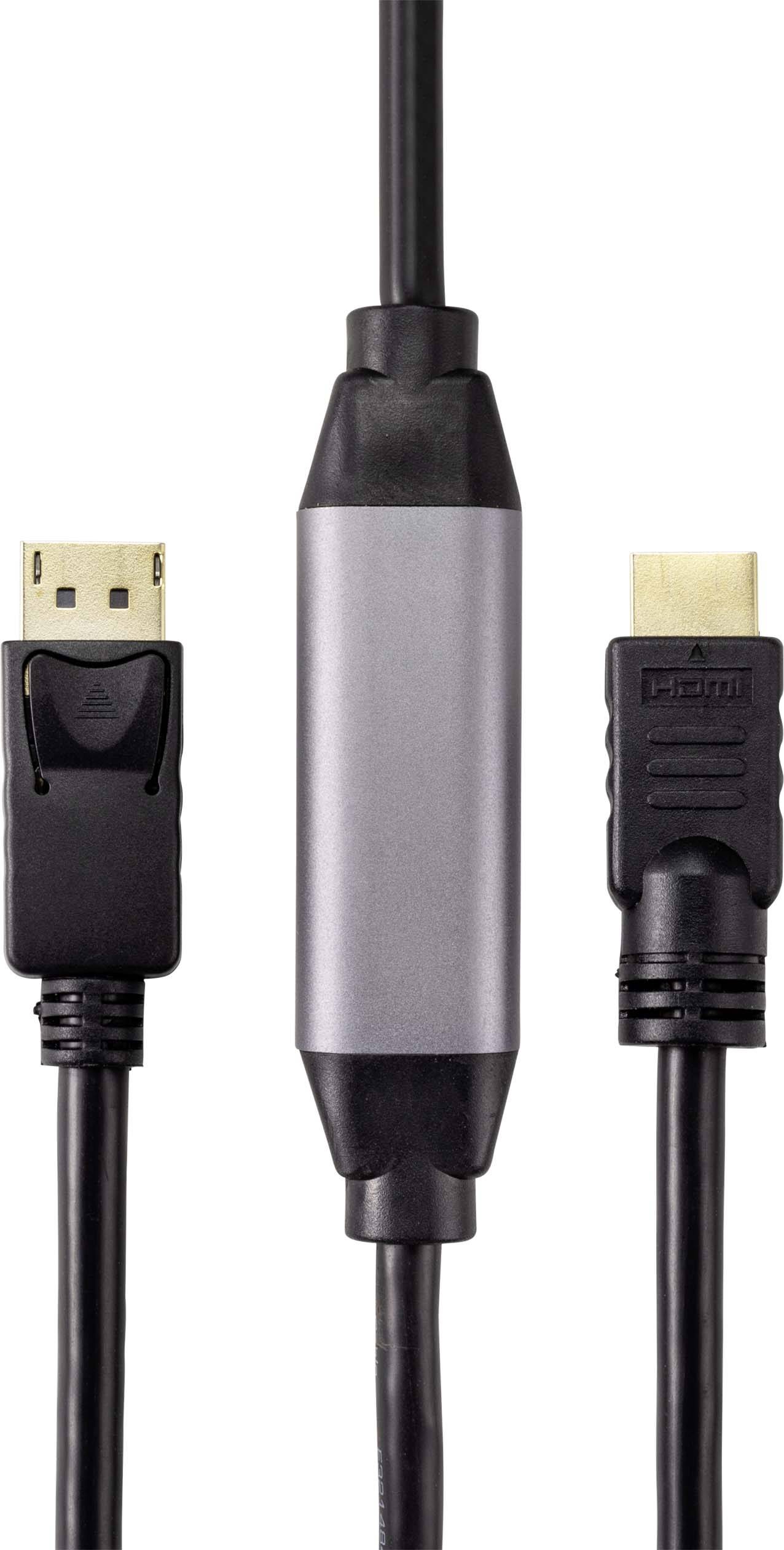 Ein schwarzes Kabel mit einem HDMI- und einem DisplayPort-Stecker. In der Mitte des Kabels befindet sich ein silbernes Gehäuse.