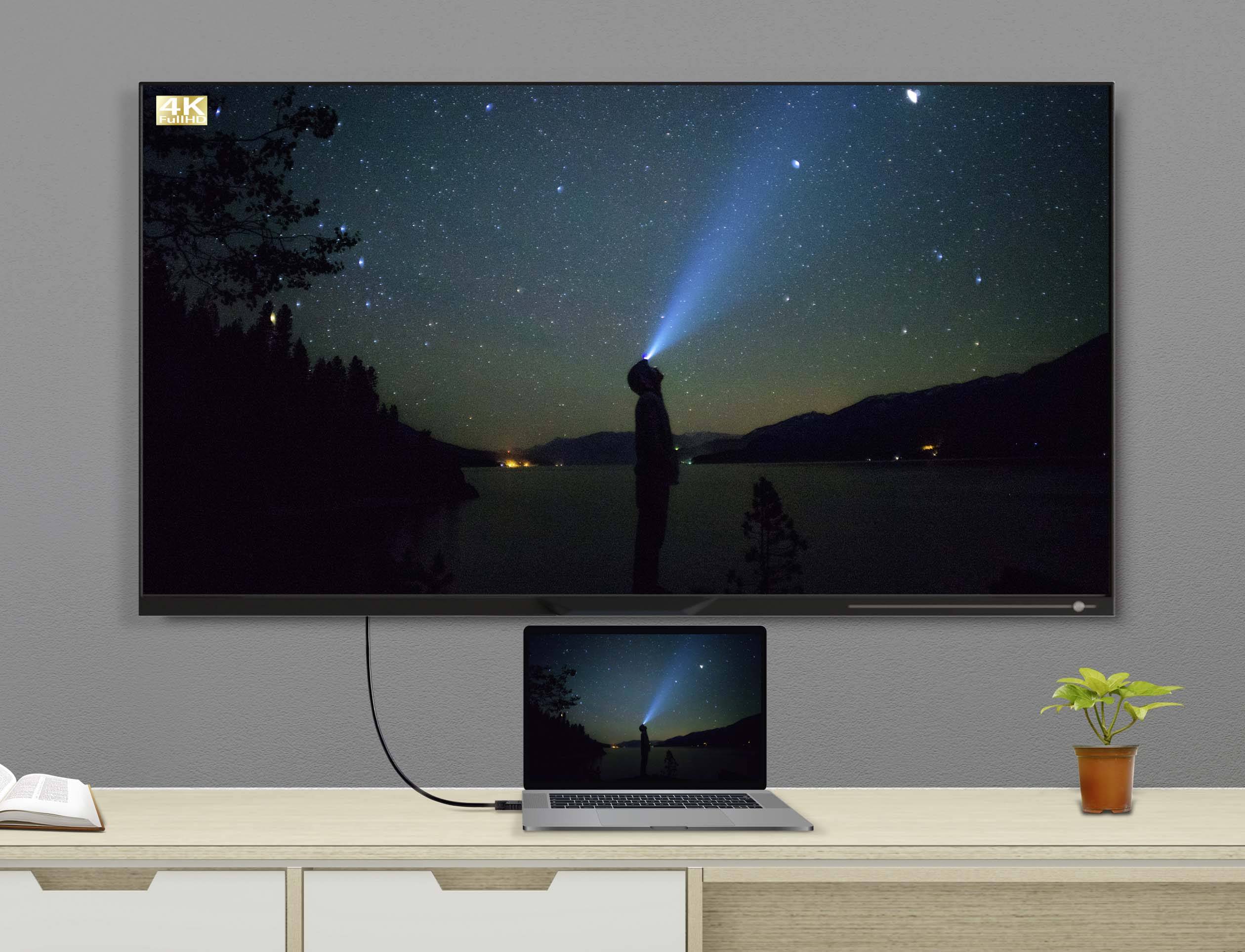 Person unter Nachthimmel leuchtet mit Taschenlampe in die Sterne, auf einem großen Bildschirm und einem Laptop angezeigt.