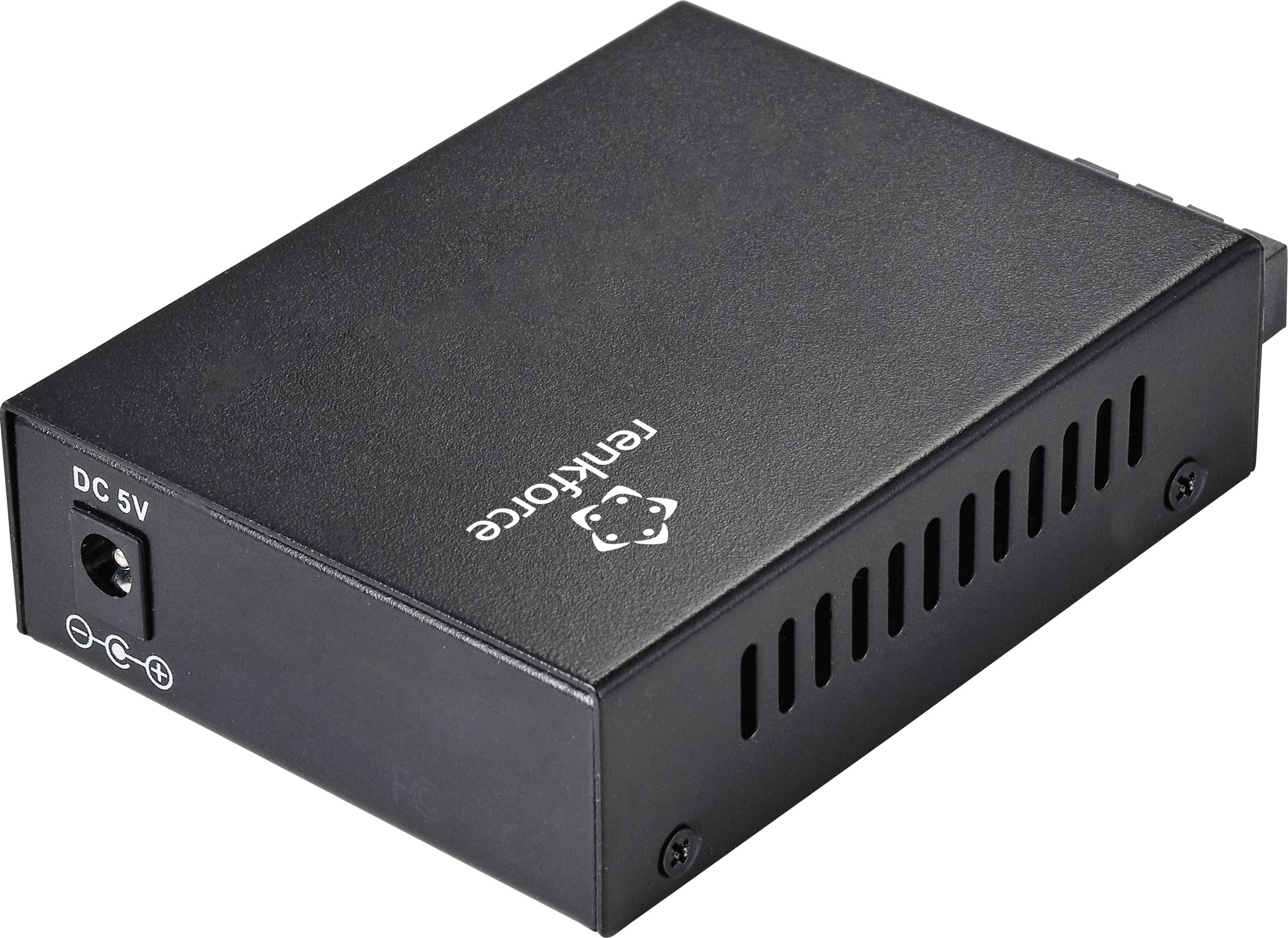 Ein schwarzer Netzwerk-Media-Converter mit dem Logo 'rextorce' auf der Oberseite. Links ist ein Anschluss für 5V Gleichstrom zu sehen.