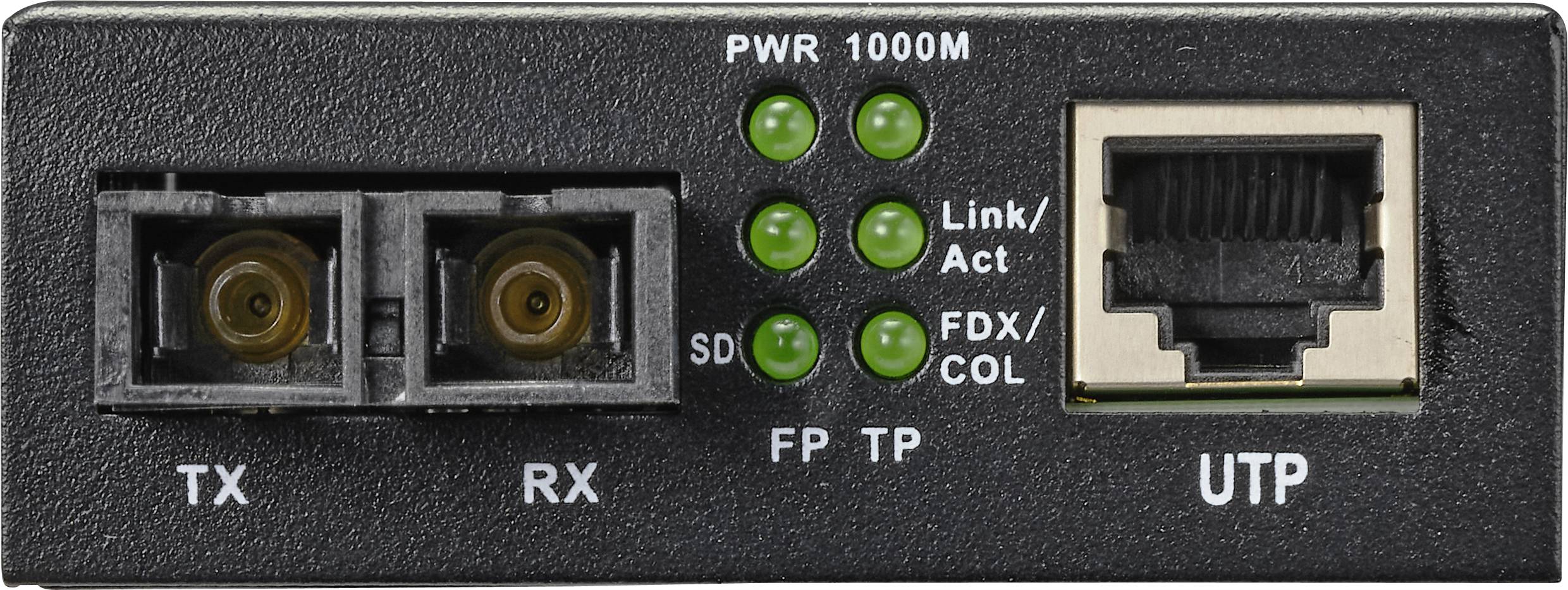 10/100/1000M Medienkonverter mit TX-, RX-Ports und RJ-45-Steckplatz. Status-LEDs zeigen Power, Link/Act und FDX/COL Funktionshinweise.