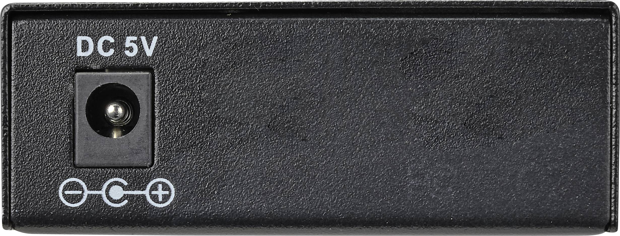 Schwarzer DC 5V-Netzadapteranschluss mit polaritätsmarkierten Symbolen für Plus und Minus.