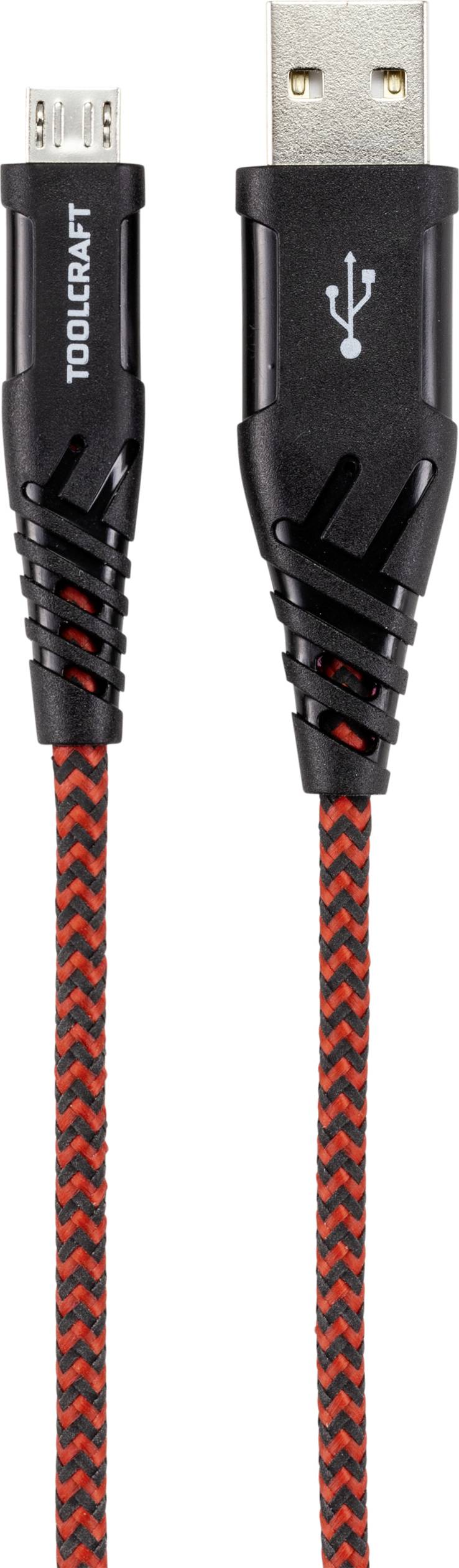 Schwarzes USB-Kabel mit rot-schwarzem geflochtenem Design und silberner USB-Symbolik, geeignet für Datenübertragung und Laden.