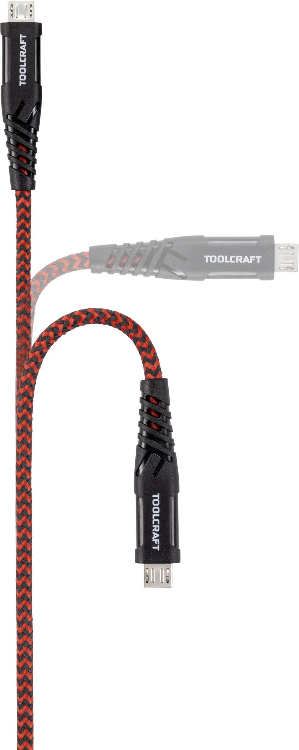 Ladekabel mit geflochtenem roten und schwarzen Design, drei verschiedene Anschlüsse von Toolcraft.
