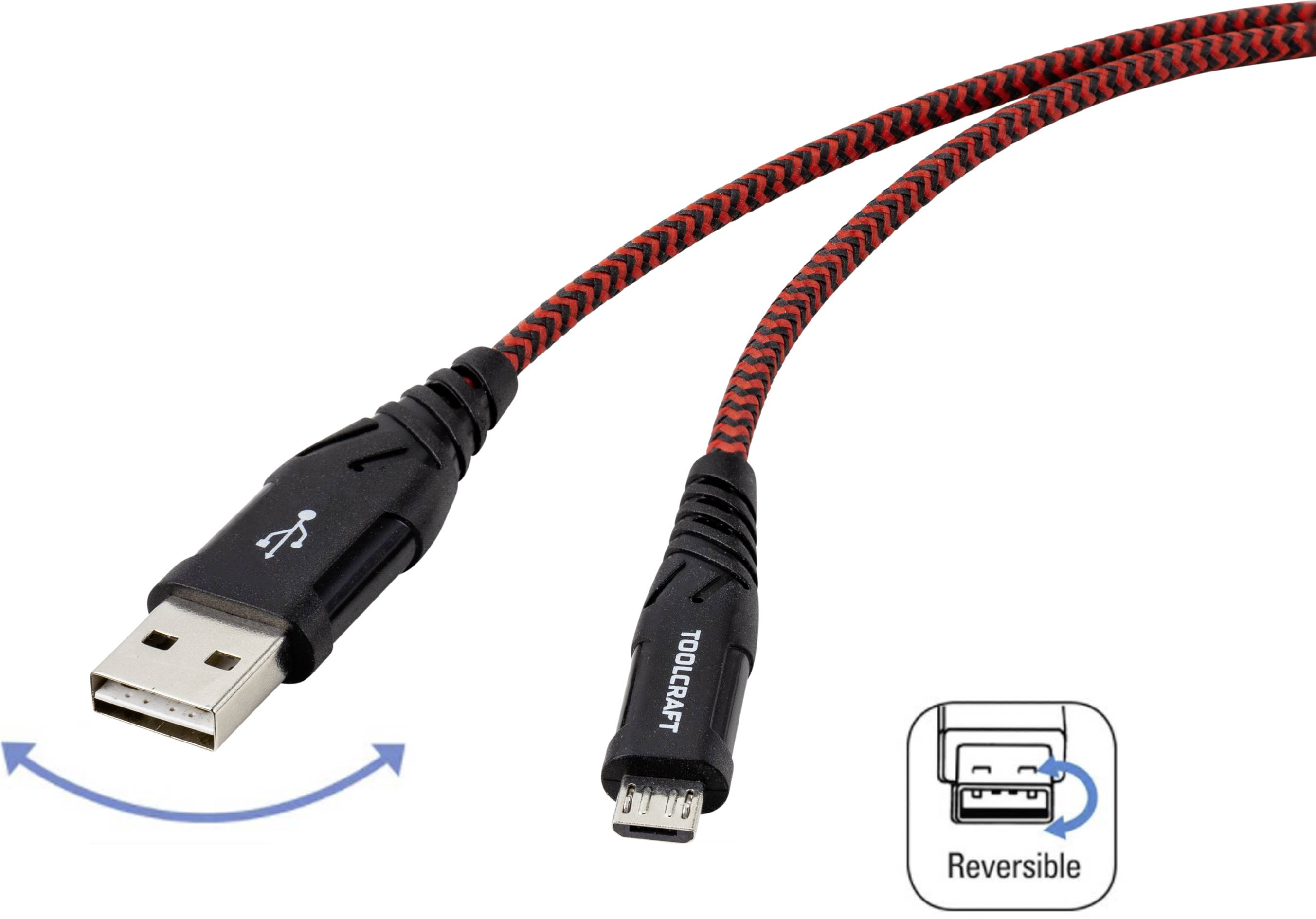 USB-zu-Micro-USB-Kabel mit rotem Textilgeflecht, zeigt 'Reversible'-Symbol für beidseitige Nutzbarkeit des Steckers.
