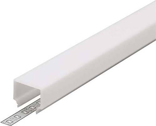 Ein U-förmiges weißes Kunststoffstück, das einen LED-Streifen abdeckt. Ideal zur Führung und Abdeckung von Kabeln oder Lichtleisten.