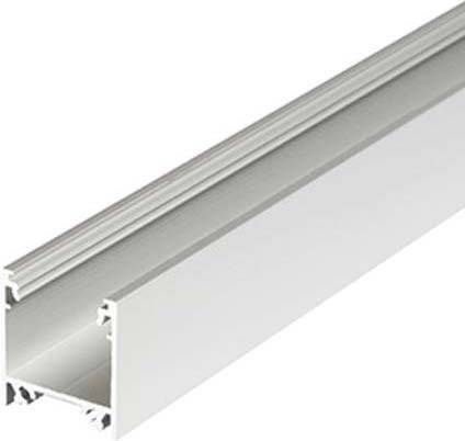 Ein langes, graues Aluminiumprofil mit einer offenen Seite zeigt seine technische Struktur. Geeignet für Bau- oder Montagelösungen.