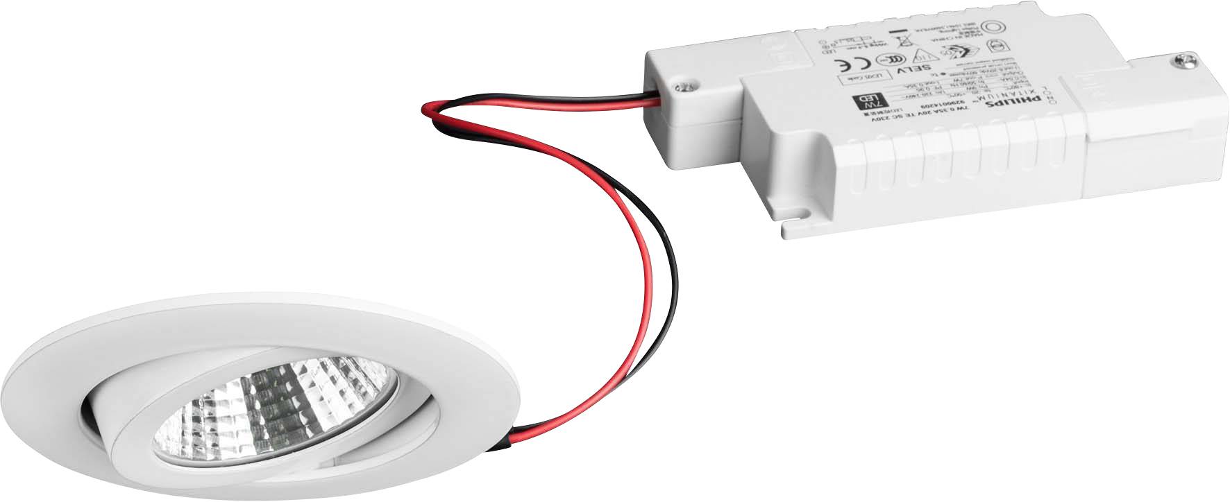 Ein LED-Einbauspot mit angeschlossenem Transformator, geeignet für Deckeneinbau; zwei Kabel verbinden die Komponenten.
