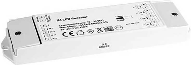 LED-Repeater mit Beschriftung 'X4 LED Repeater', Eingangsbereich 12-24V, Max. Output 18A. Etiketten wie CE-Zeichen und Temperaturbereich.