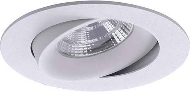 Eine runde, verstellbare Einbauleuchte mit einem weißen Rahmen und einem sichtbaren LED-Spot, der in verschiedene Richtungen geneigt werden kann.