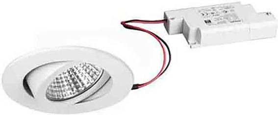 In der Abbildung ist ein runder, weißer Einbauspot mit einem LED-Treiber zu sehen, der durch rote und schwarze Kabel verbunden ist.