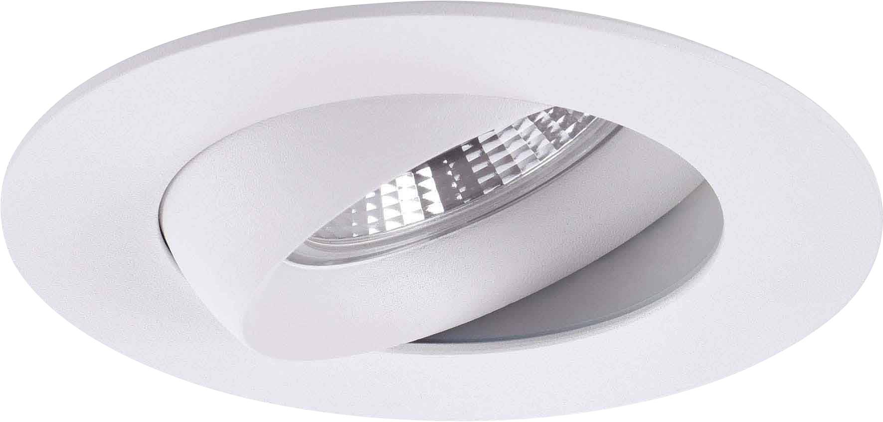 Eine runde, weiße Einbaulampe mit verstellbarem Spot, geeignet zur Deckenmontage.