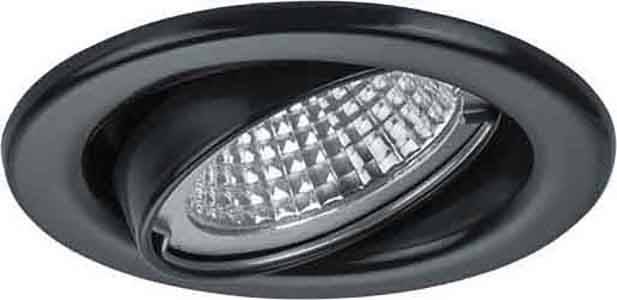 Eine schwarze Deckeneinbauleuchte mit einem fokussierbaren, geriffelten Reflektor für gerichtetes Licht.