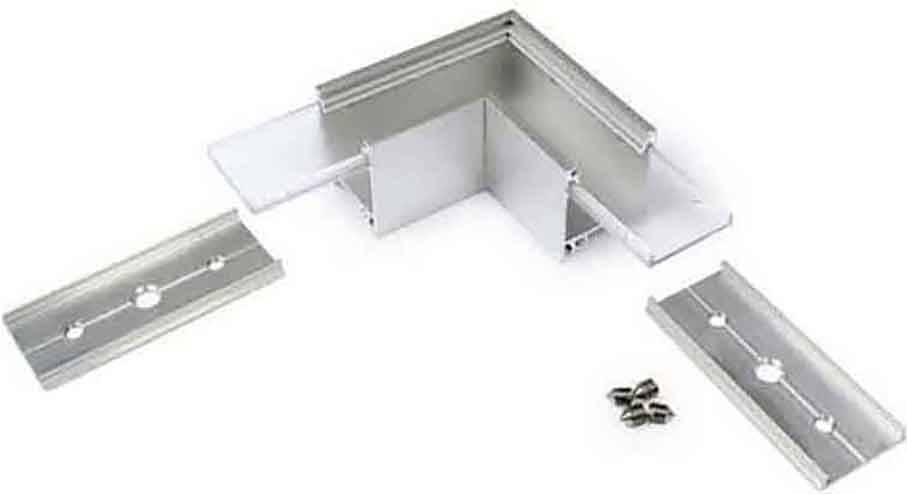Metallverbinder-Set mit L-förmigem Profil, zwei flachen Metallstreifen und Schrauben. Verwendung für Eckverbindungen im Innenraum.