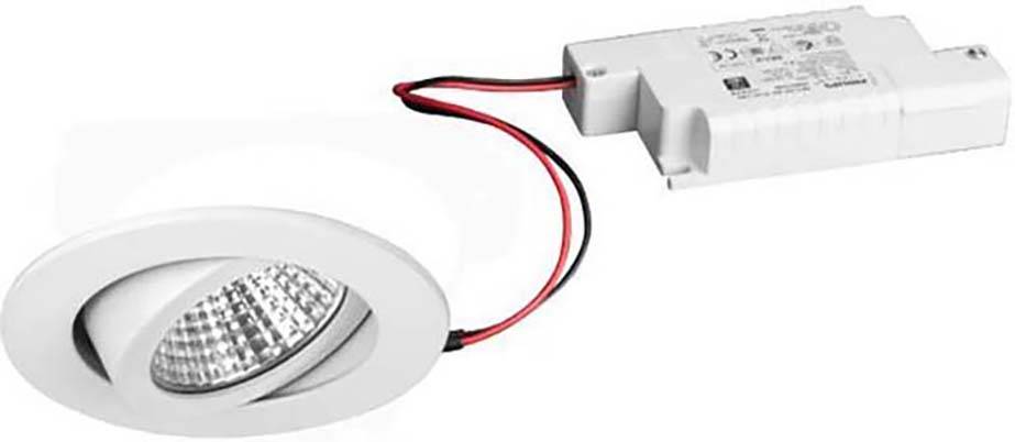 Ein LED-Deckeneinbaustrahler in weißem Gehäuse mit angeschlossenem Transformator, geeignet für Innenbeleuchtung.