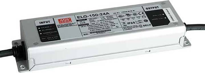 Ein rechteckiger LED-Treiber, Modell 'ELG-150-24A', mit Eingangs- und Ausgangsanschlüssen. Auf dem Gehäuse sind Spezifikationen aufgedruckt.