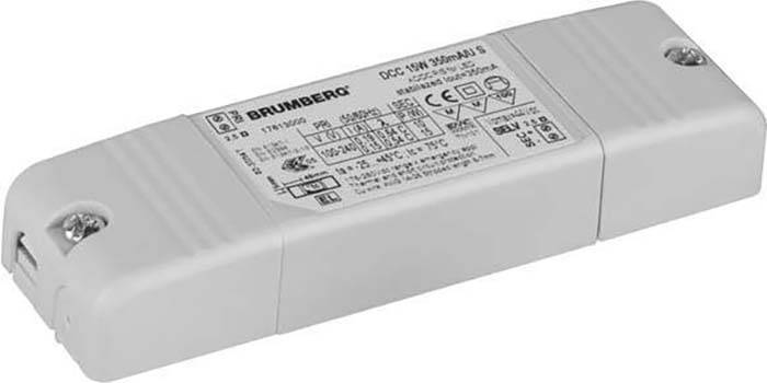 Ein LED-Treiber von Brumberg mit technischen Spezifikationen aufgedruckt. Weißes Gehäuse, rechteckige Form, Anschlussklemmen sichtbar.