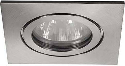 Deckeneinbauleuchte aus Metall mit quadratischer Blende und rundem Lichtaustritt. Modernes Design, geeignet für Innenräume.