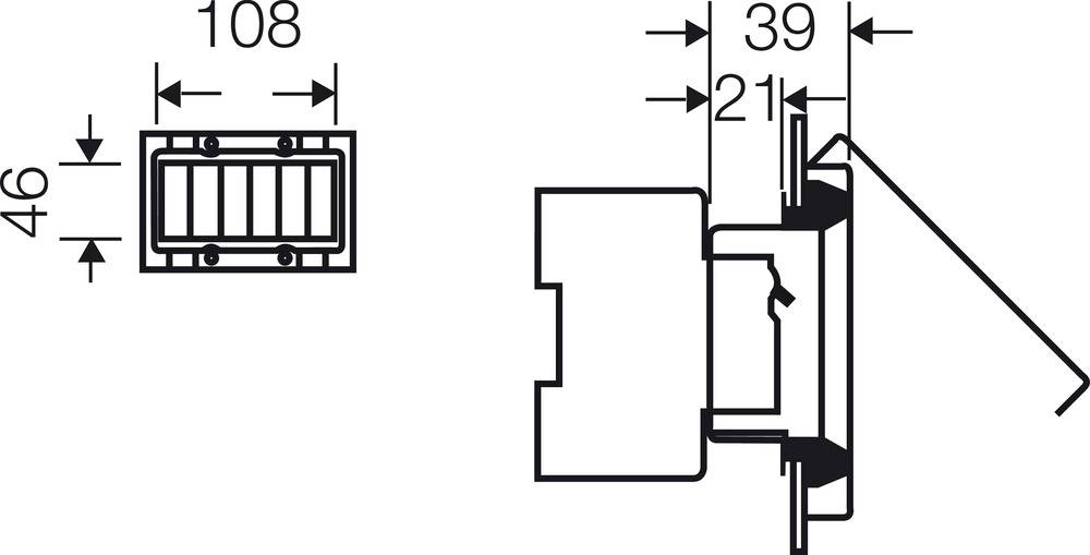 Technische Zeichnung eines rechteckigen Geräts mit Maßen: Breite 108 mm, Höhe 46 mm, Tiefe 39 mm und ein Detail von 21 mm.