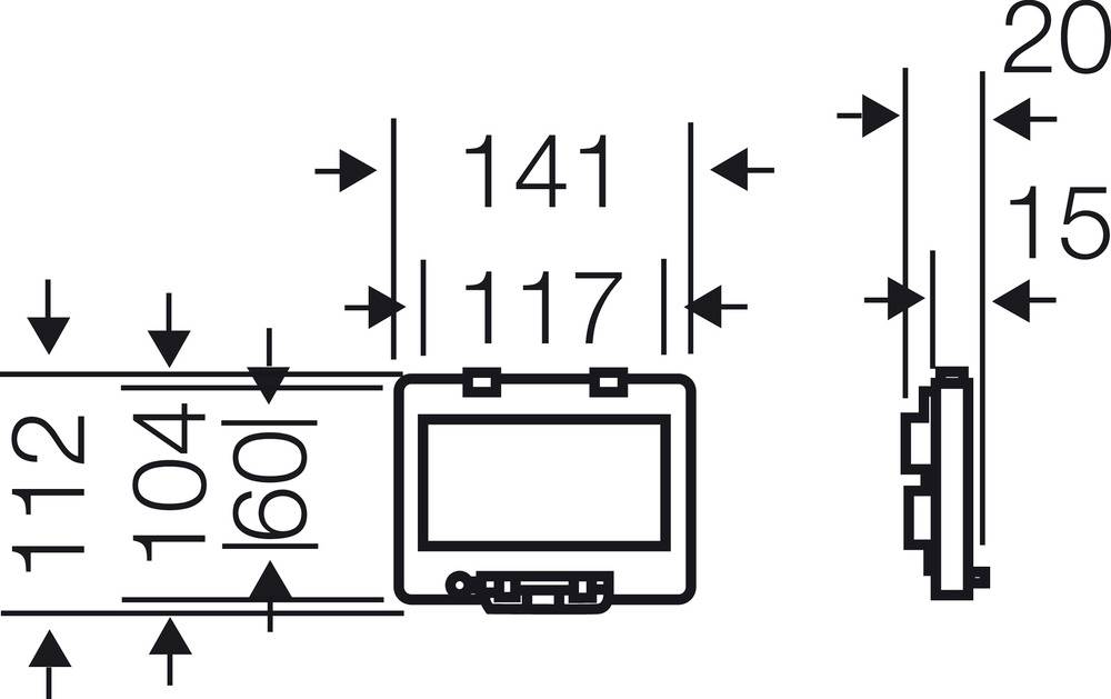 Abbildung zeigt technische Zeichnung eines Geräts mit Maßen: Breite 141 mm, Höhe 112 mm, Tiefe 20 mm. Skizze in symmetrischer Ansicht.