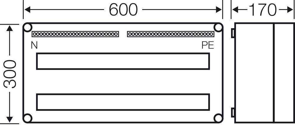 Schaltplan eines elektrischen Geräts mit Abmessungen: Breite 600mm, Höhe 300mm, Tiefe 170mm. Oben markiert: N und PE.