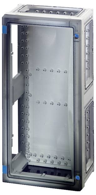 Ein graues, vertikal stehendes Gehäuse aus Metall oder Kunststoff, offen und unbestückt, mit mehreren Montagemöglichkeiten an den Seiten.