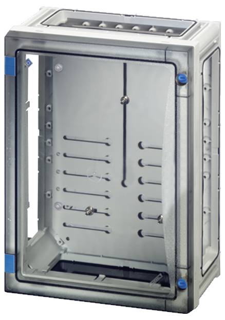 Ein grauer Metallkasten mit transparentem Deckel und seitlichen Belüftungsschlitzen. Geeignet für den Schutz elektronischer Geräte.