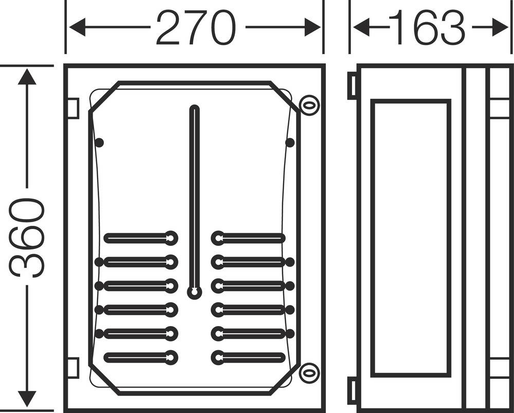 Technische Zeichnung eines rechteckigen Kastens mit den Maßen 270 x 360 x 163 mm, zeigt Vorderansicht und Seitenansicht.