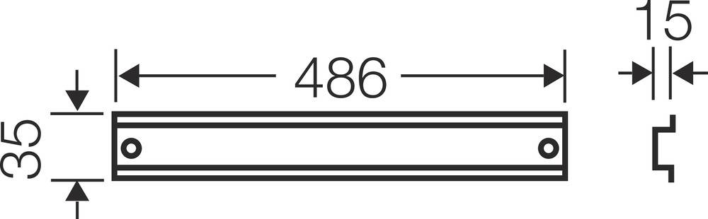 Technische Zeichnung eines rechteckigen Bauteils. Gesamtlänge: 486 mm, Breite: 35 mm, Abstand von der Schraubbefestigung 15 mm.