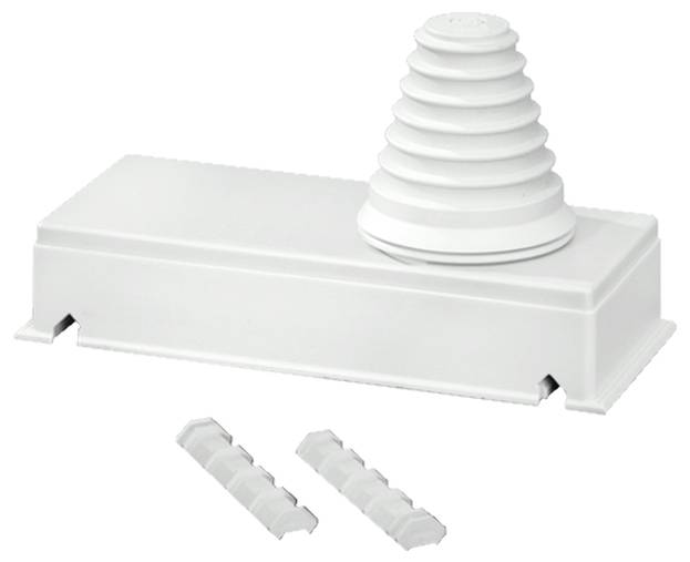 Ein weißer, rechteckiger Kabelkanal mit wellenförmiger Abdeckung und zwei zusätzlichen Befestigungselementen. Ideal zur Kabelorganisation.