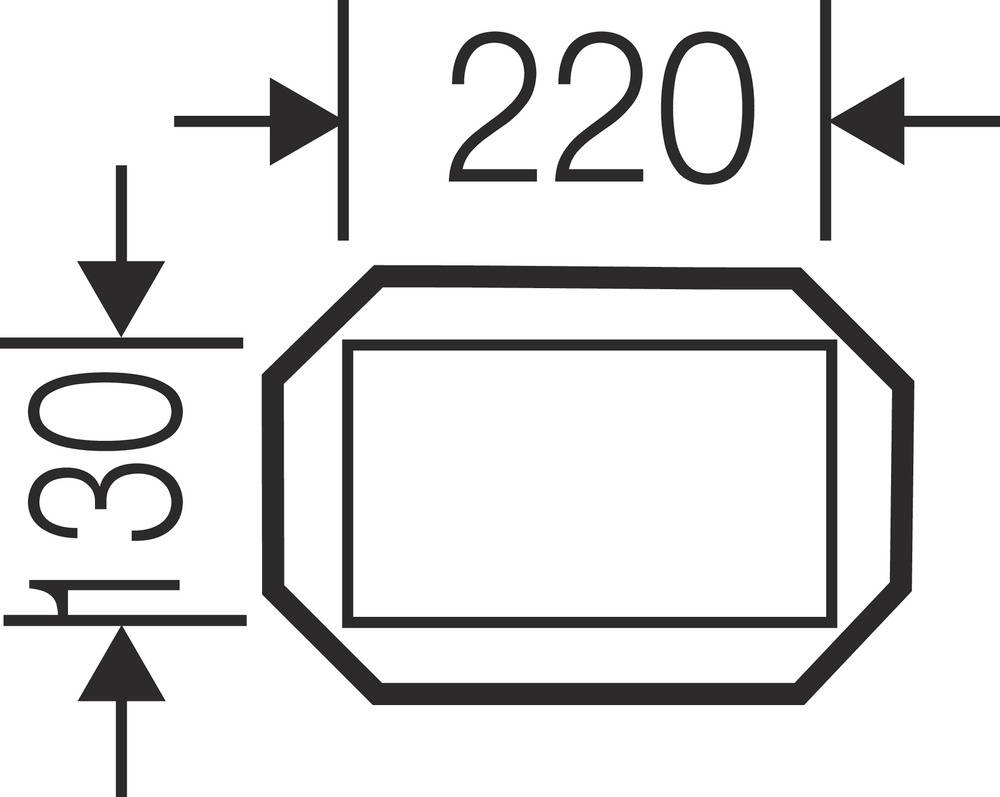 Diagramm eines rechteckigen Objekts mit abgeschrägten Ecken. Breite: 220 mm, Höhe: 130 mm. Pfeile zeigen auf die Maße.