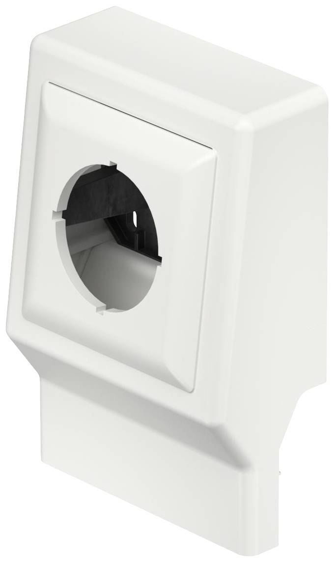 Weiße, rechteckige Adapterabdeckung mit zentralem, kreisförmigem Ausschnitt, passend für Wandmontage.