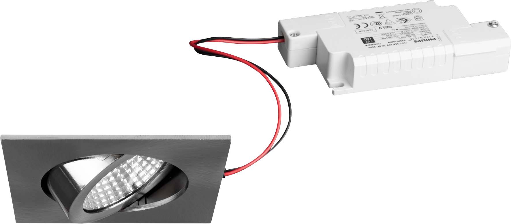 Ein quadratischer, schwenkbarer LED-Einbaustrahler in Grau mit einem externen, rechteckigen Treiber verbunden durch schwarze und rote Kabel.