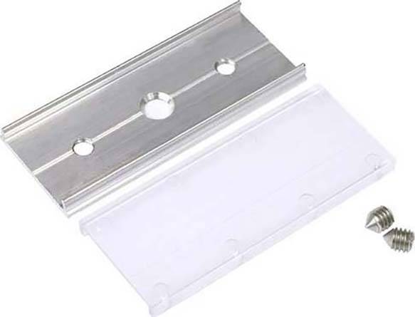 Aluminiumschiene mit Schrauben und Kunststoffabdeckung, geeignet für Befestigungszwecke in verschiedenen Anwendungen.