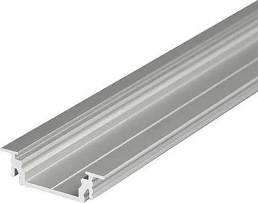 Ein silbernes Aluminiumprofil mit Schienenvertiefungen, häufig verwendet zur Befestigung oder Führung von Bauelementen.