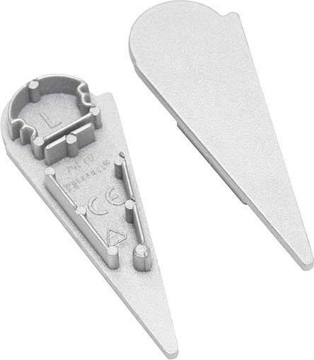 Graue Kunststoffteile in Form von Keilen, eines zeigt die Innenseite mit Markierungen 'L', 'CE' und 'A', das andere die Außenseite.