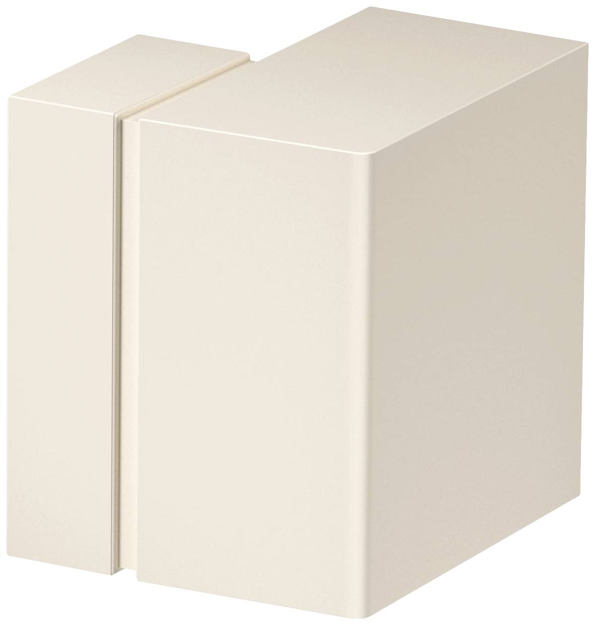Beiger, rechteckiger Block mit minimalistischem Design, bestehend aus zwei Teilen mit leicht versetzten Kanten.