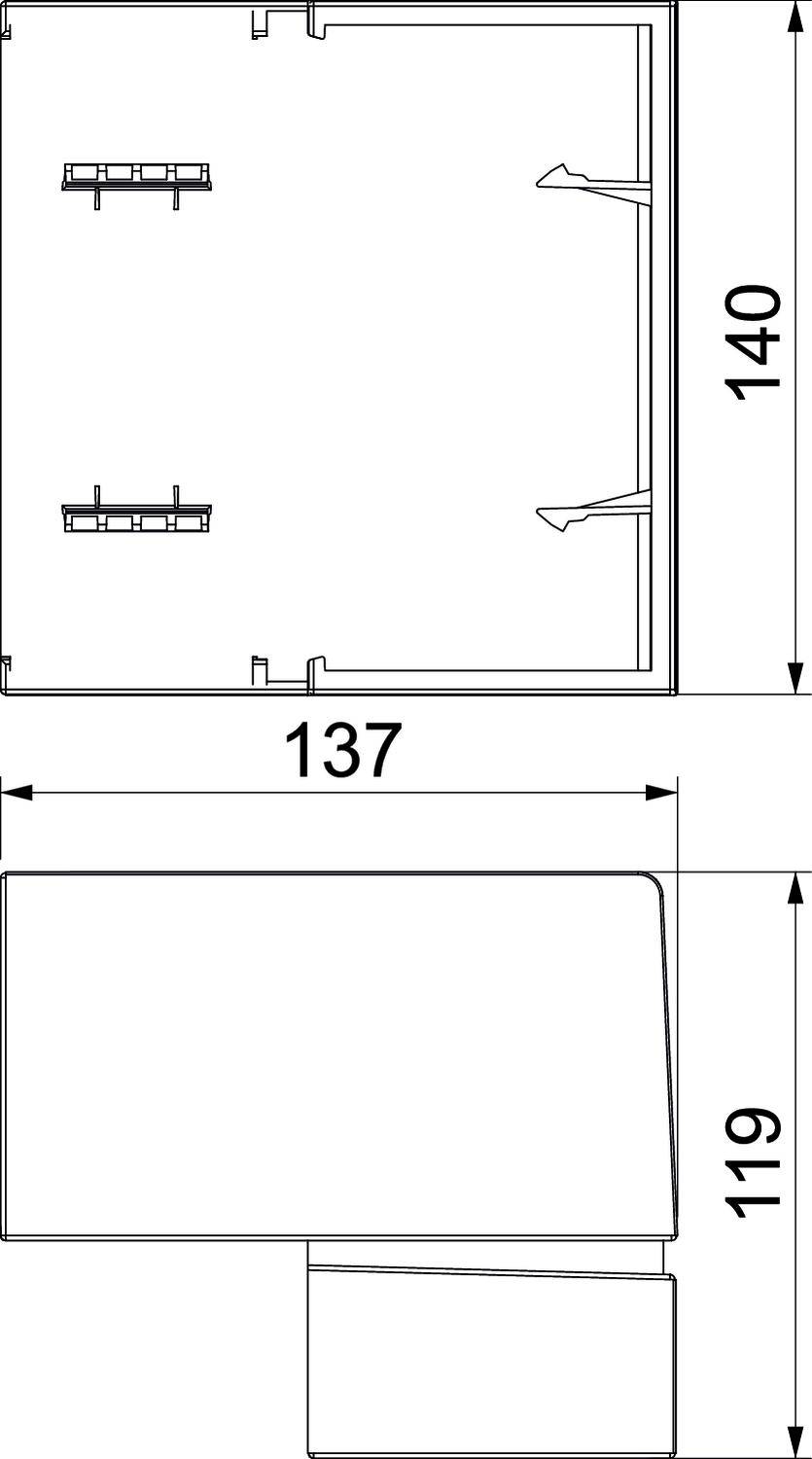 Technische Zeichnung eines rechteckigen Bauteils mit den Maßen 140 x 137 mm. Seitenansicht zeigt 119 mm Höhe.