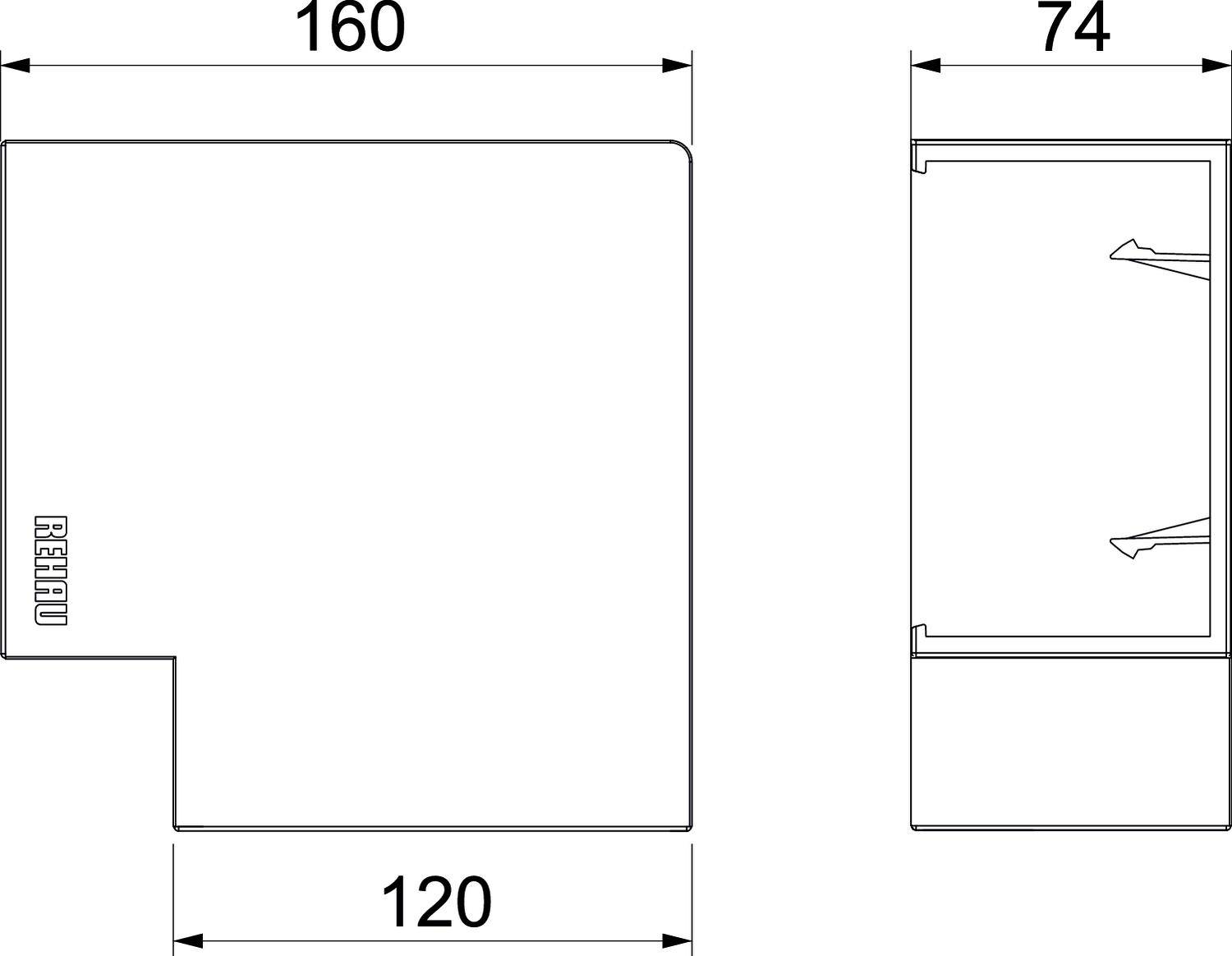 Diagramm eines L-förmigen Biegeteils mit Abmessungen: 160 mm lang, 120 mm breit, 74 mm hoch. Logo oben links zu sehen.