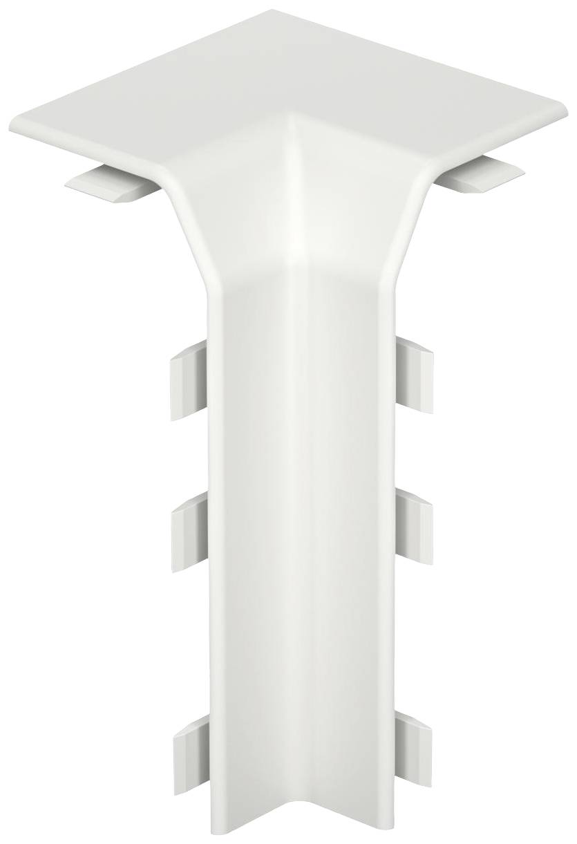 Weiße Kunststoff-Eckverbindung für Kanalsysteme, zeigt ein rechteckiges Design mit Clips zur Befestigung an Wänden oder Böden.