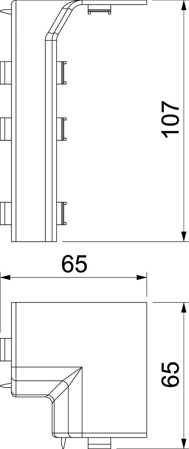 Technische Zeichnung eines Profils mit seitlichen und vertikalen Maßen: Breite 65 mm, Höhe 107 mm. Zeigt Anschlüsse und Winkel.