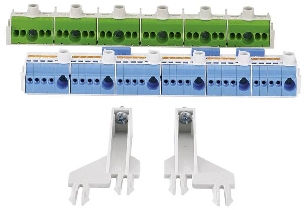 Elektroinstallationszubehör bestehend aus grünem und blauem Verteilerblock mit zwei weißen Montagehalterungen darunter.