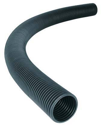 Ein langer, flexibler Schlauch mit gerippter Oberfläche in einer geschwungenen Form, typisch für industrielle oder technische Anwendungen.