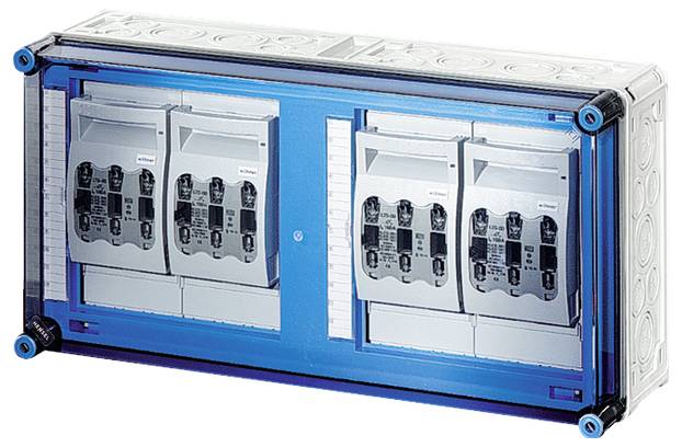 Ein elektrischer Sicherungskasten mit mehreren Schutzschaltern, montiert in einem blauen Rahmen für industrielle Anwendungen.
