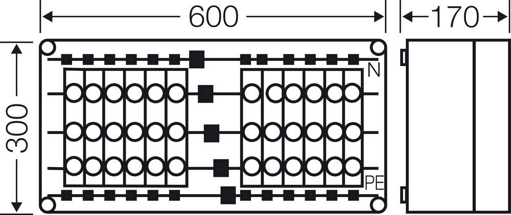 Technische Zeichnung eines Verteilerschranks mit den Maßen 600 mm x 300 mm x 170 mm. Darstellung zeigt Sicherungen und Verkabelung.
