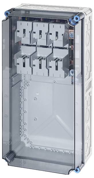 Gehäuse mit klarem Deckel, zeigt interne Schaltkreise und Kabelanschlüsse. Geeignet für elektrische Installationen.
