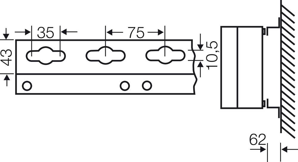Technische Zeichnung einer Befestigungsschiene mit Maßen: 75 mm Länge, 43 mm Höhe, 10,5 mm Abstand zur Halterung, 62 mm Abstand zur Wand.