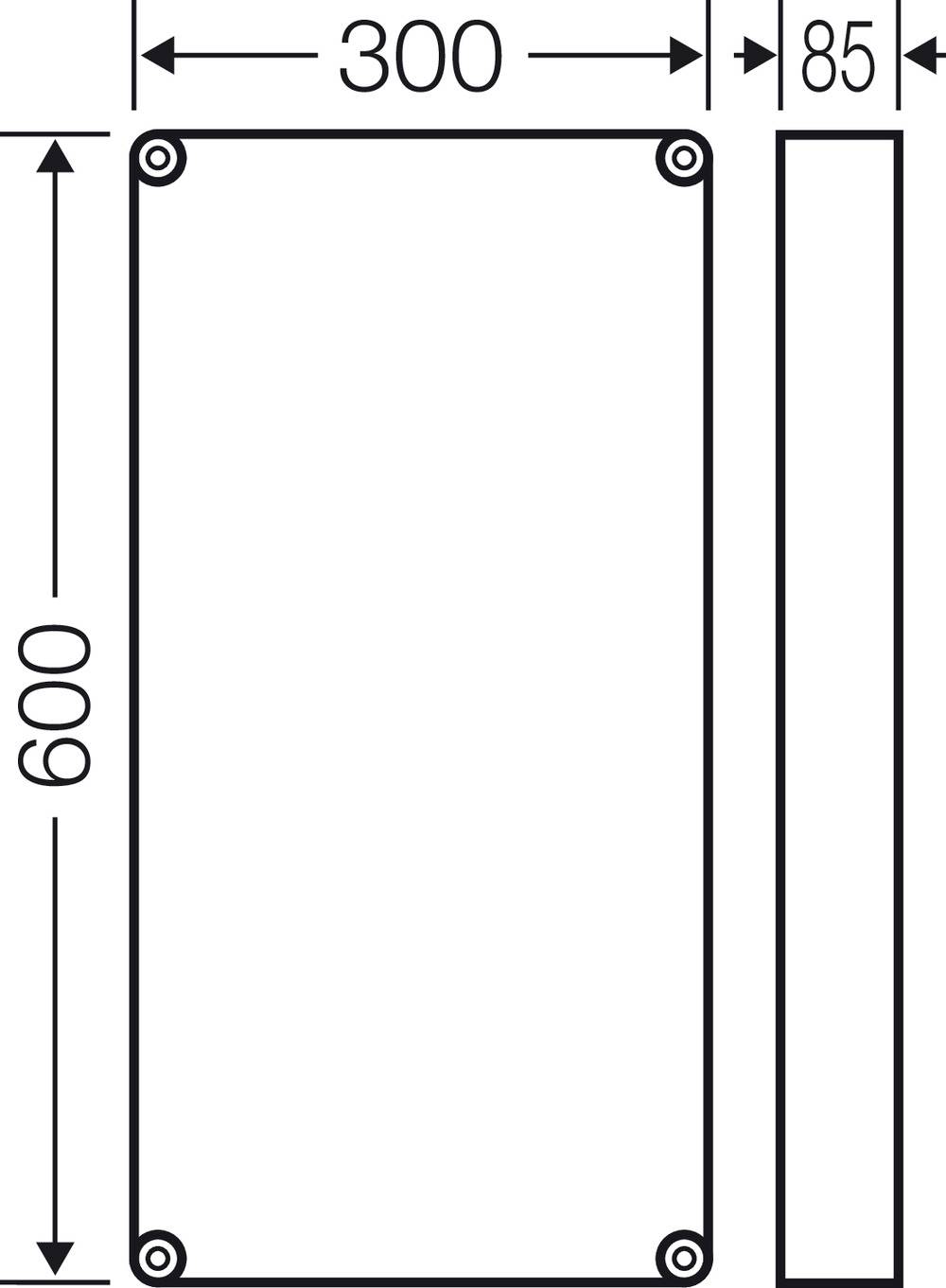 Technische Zeichnung eines rechteckigen Objekts mit Maßen: 300 mm Breite, 85 mm Tiefe und 600 mm Höhe.