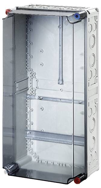 Rechteckiger, transparenter Verteilerkasten aus Kunststoff mit seitlichen Löchern zur Kabeldurchführung. Verwendet für elektrische Installationen.